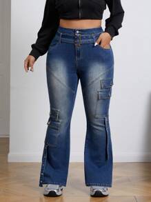 SHEIN EZwear Plus Size Fashionable Casual Washed Flap Pocket Flare Jeans
