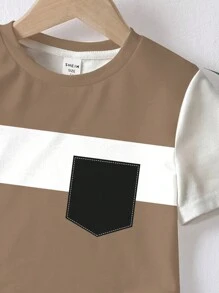 SHEIN Leap Crew 年轻男孩休闲简约时尚经典几何拼布印花圆领短袖宽松T恤，适合夏季 - 白色 - 查看 3