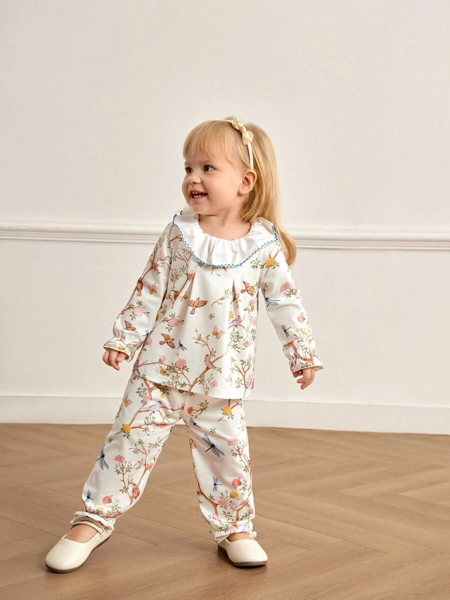 Toddler Girls 2pcs Set Fresh Floral & Branch Print Blouse And Solid Ruffle Collar Long Sleeve Loose Pants, Suitable For Outings Or Casual Indoor Wear, Applicable For All Seasons - Multicolor - View 1