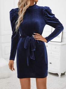 SHEIN Clasi Women's Solid Color Round Neck Puff Sleeve Fitted Short Dress - Navy Blue - View 1