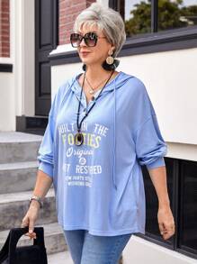 EMERY ROSE 大码冬季女式蓝色字母印花休闲连帽长袖运动衫 - 藍色 - 查看 3