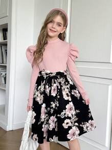 SHEIN Leap Crew Tween Girl 复古罗纹针织花卉拼布羊腿袖领口收腰 A 字型优雅连衣裙，适合派对、休闲外出、女性风格、粉色连衣裙 - 粉色 - 查看 3