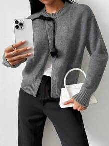 SHEIN Unity Round Neck Long Sleeve Button Front Split Women Sweater, Autumn/Winter Knit Pullover Fall - Grey - View 3