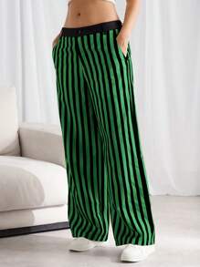 Manfinity VCAY Men Woven Loose Straight Casual Pants, Mid-Rise, Relaxed Fit, For Daily Wear, Fall - Dark Green - View 5