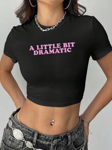 SHEIN Unity 女士标语印花短袖短款上衣，夏季 A LITTLE BIT DRAMATIC 图案 T 恤女士上衣 - 黑色 - 查看 1