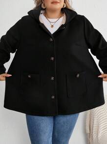 SHEIN CURVE+ Curve Plus 双口袋 正面纽扣 连帽 泰迪熊 内衬 大衣 - 黑與白 - 查看 7
