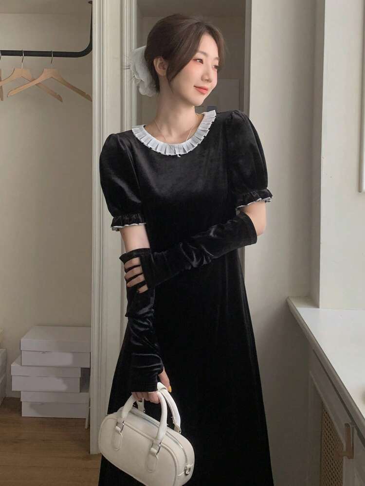 Women Elegant Autumn Waist Cinched Round Neck Velvet Mid-Length Dress Prom Dress