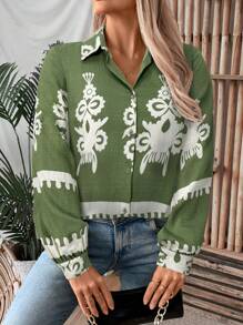 SHEIN LUNE Chemise à manches longues imprimée vintage grande taille, décontractée pour l'automne - Militaire verte - Voir 4