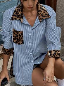 Elyressa Women's Leopard Print Patchwork Striped Open Front Shirt Autumn Cloth For Women Going Out Work Blue And White Striped Hip Hop Rave - Royal Blue - View 3