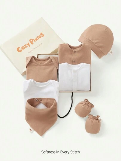 Cozy Pixies 7 st/set Nyfödd spädbarn Pojke & flicka stickad mjuk jumpsuit, jumpsuit, byxor, haklapp, mössa, handskar, bekväm casual outfit för alla årstider