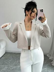 Chiquease New Solid Color Sleeve Ruffle Trim Contrast Button Short Casual Jacket, Textured, Versatile And Elegant Design For Women, Autumn/Winter - Grey - View 1