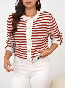 SHEIN Frenchy 大码女装秋季长袖简约条纹开衫适合日常穿着，秋季女装，秋冬毛衣，女士开衫，女士毛衣，家居毛衣，优雅外出毛衣开衫，秋季女装，圣诞节，圣诞毛衣，家居毛衣，条纹开衫，秋冬长袖毛衣