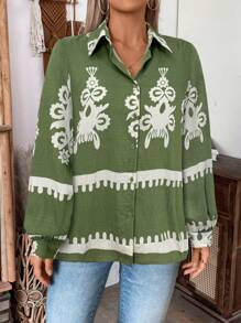 SHEIN LUNE Chemise à manches longues imprimée vintage grande taille, décontractée pour l'automne - Militaire verte - Voir 5