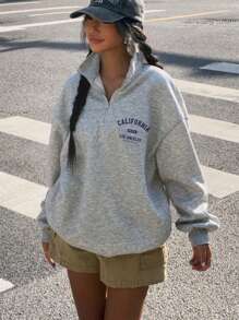 SHEIN EZwear Moletom Folgado de Gola Alta com Zíper e Estampa Gráfica de Texto em Inglês e Floral, Forro Térmico para Outono/Inverno - Cinza - Visão 3