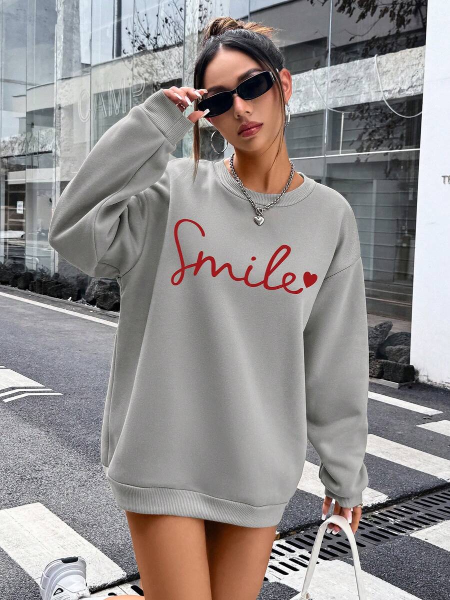 SHEIN LUNE Plus Size Casual Smile Letter Print Round Neck Sweatshirt - Light Grey - View 1