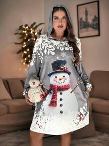 SHEIN LUNE Váy dài tay rộng rãi in hình người tuyết cỡ lớn bằng vải dệt kim dài đến đầu gối có mũ trùm đầu - Nhiều màu - Xem 1