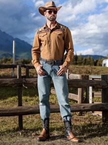 Manfinity Nomadique Chemise décontractée à manches longues, à simple boutonnage, avec imprimé géométrique et patchwork pour hommes, pour l'automne - Tabac - Voir 5