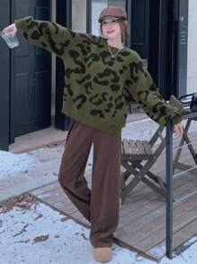 DAZY 女士宽松圆领豹纹套头毛衣 - 彩色 - 查看 2