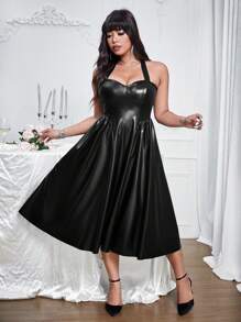 Allurite Plus Size Solid Color Tie-Side Ruched Flare Hem Sleeveless PU Midi Dress, For Winter
