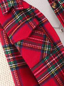 SHEIN Áo khoác tay dài họa tiết kẻ caro rộng rãi cho bé gái tuổi mới lớn có túi, mùa xuân thu, cho Giáng sinh - Đỏ - Xem 7