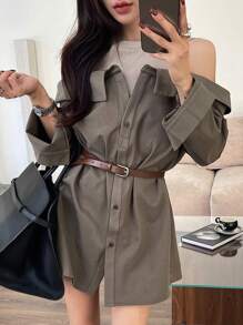 DAZY 撞色露肩长袖宽松可拆卸腰带女士衬衫、秋装、返校服 - 棕色 - 查看 8