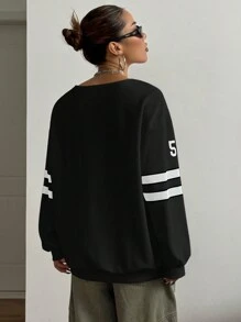 StreetHx 女士休闲撞色数字印花运动卫衣，毕业季、教师节、返校季套头衫 - 黑色 - 查看 2