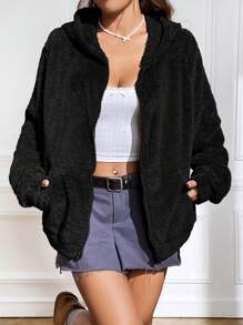 SHEIN EZwear Của phụ nữ Phim hoạt hình thêu Sang trọng áo có mũ Áo khoác - màu đen - Xem 2