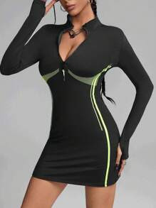 Innovista Váy thể thao ngắn tay dài bó sát có khóa kéo nửa thân dành cho nữ, váy tennis - màu đen - Xem 7