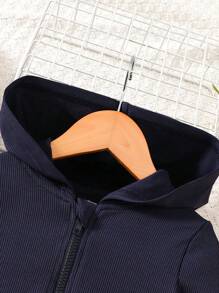 2pcs Young Girl Fashion Ribbed Hoodie Jacket & Flared Pants Set, Casual Spring/Autumn - Navy Blue - View 4