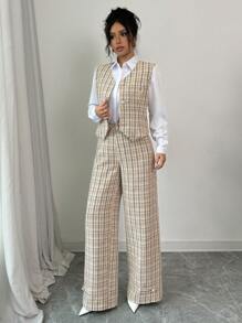 Modelyn Women Plaid Print Vest & Pants 2pcs Suit Outfit, Elegant For Commuting, Autumn 2 Pieces Set