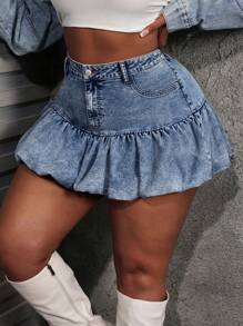 Slaydiva 大码蓝色性感迷你泡泡牛仔迷你裙新年款 - 中等水洗藍 - 查看 2