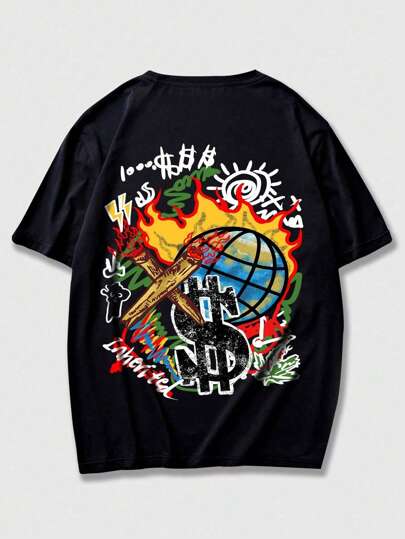 Street Life Camiseta gráfica con dibujos animados y letras para hombres, escuela