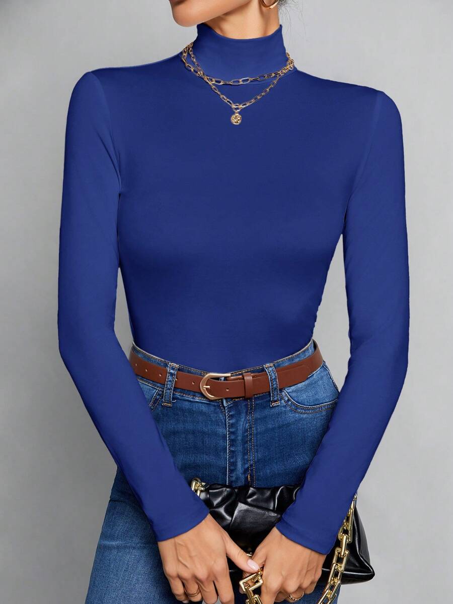 SHEIN Tall Simple Solid Color Slim High Collar White Top Suitable For Autumn And Winter - Royal Blue - View 1