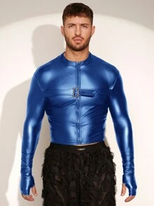 FeverCity Men's Fashion Street Style Slim Fit Snap Button Detail Zip Front Jacket, Autumn, For Fall Winter - Royal Blue - View 4