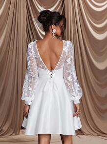 SHEIN Belle Elegant And Romantic White Mesh Embroidered V-Neck See-Through Puff Long-Sleeved A-Line Hem V-Shaped Backless Strap Suitable For Wedding Events, Dates, Bridal Shower Dress