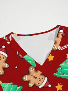 PopScrub Women's Gingerbread & Christmas Tree Print V-Neck Short Sleeve Scrub Uniform Top - Red - View 4