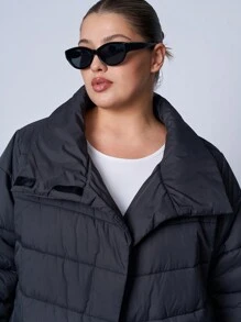 SHEIN EZwear Plus Size Mid-Length Plain Color Belted Long Sleeve Padded Coat, Autumn/Winter - Grey - View 5