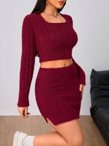 Chiquease 2 件女式休闲纯色短款毛衣和毛衣裙套装，秋冬，2 件秋季服装 - 酒紅色 - 查看 3
