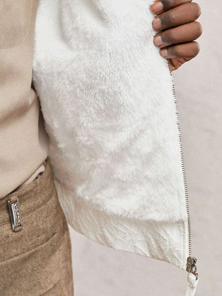 Men's White Woven Geometric Jacquard Loose Drop Shoulder Lapel Thermal Lined Pocket Metal Zipper Short Jacket, Suitable For Autumn/Winter Daily Wear, Metal Letter Graphic Rhombus Pattern