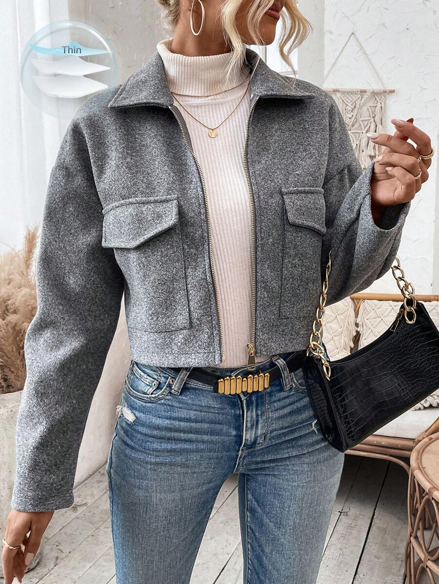 Calvaya Casaco Feminino De Lã Com Aba E Bolso De Cor Sólida
