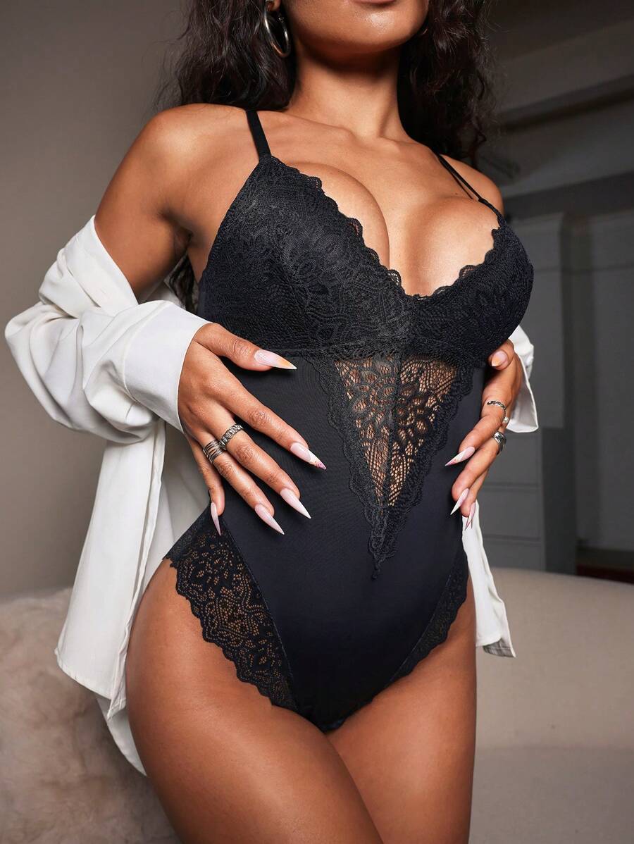 Contrast Lace Cami Shapewear Bodysuit UnderwearOuter - Black - View 1
