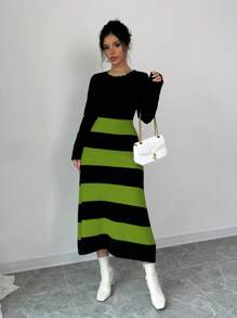 Elenzga Vestido de suéter tejido con bloque de color y rayas sencillas para mujer - Verde - Ver 3