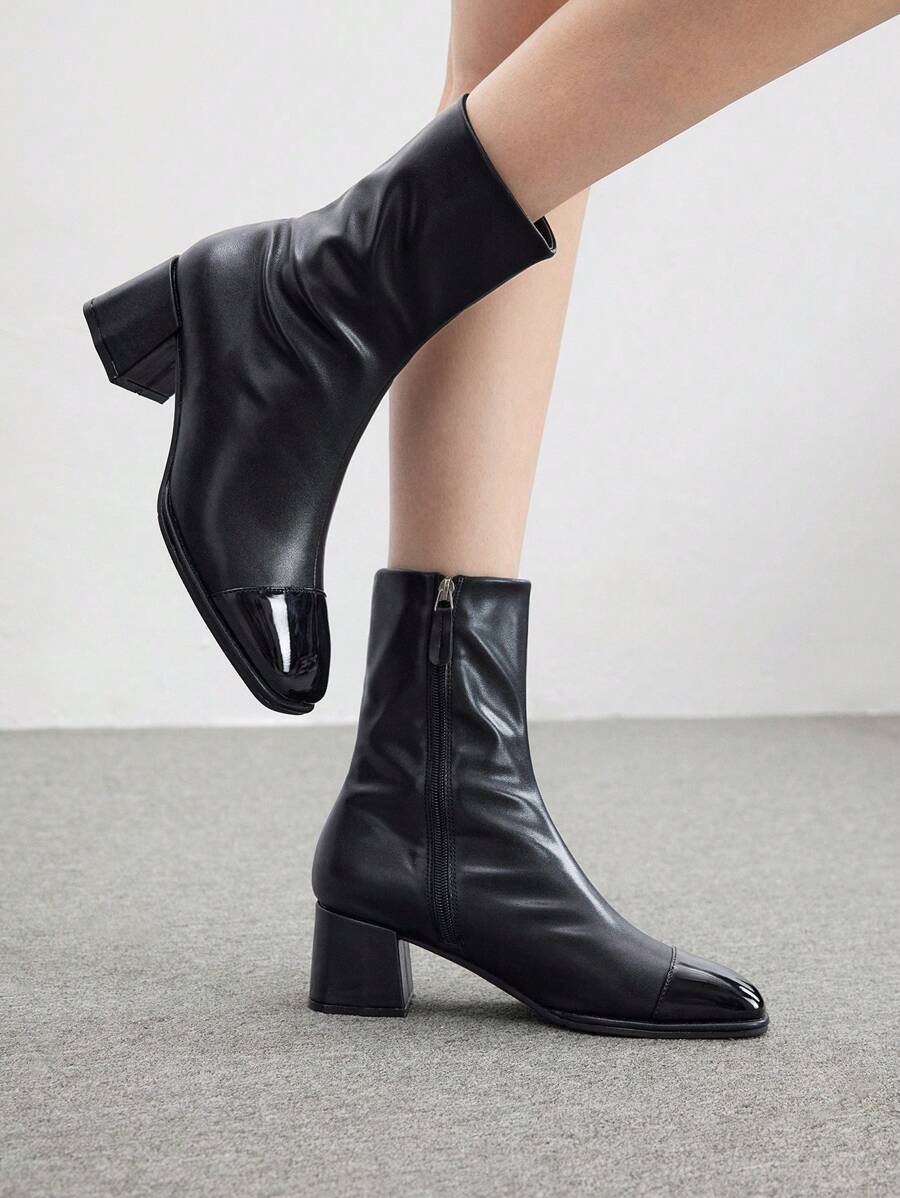 CUCCOO BIZCHIC Women's Round Toe Chunky Heel Black PU Leather Casual & Formal Zipper Boots - Black - View 1