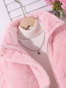 少女纯色蓬松拉链口袋连帽长袖棉服外套 - 粉色 - 查看 5