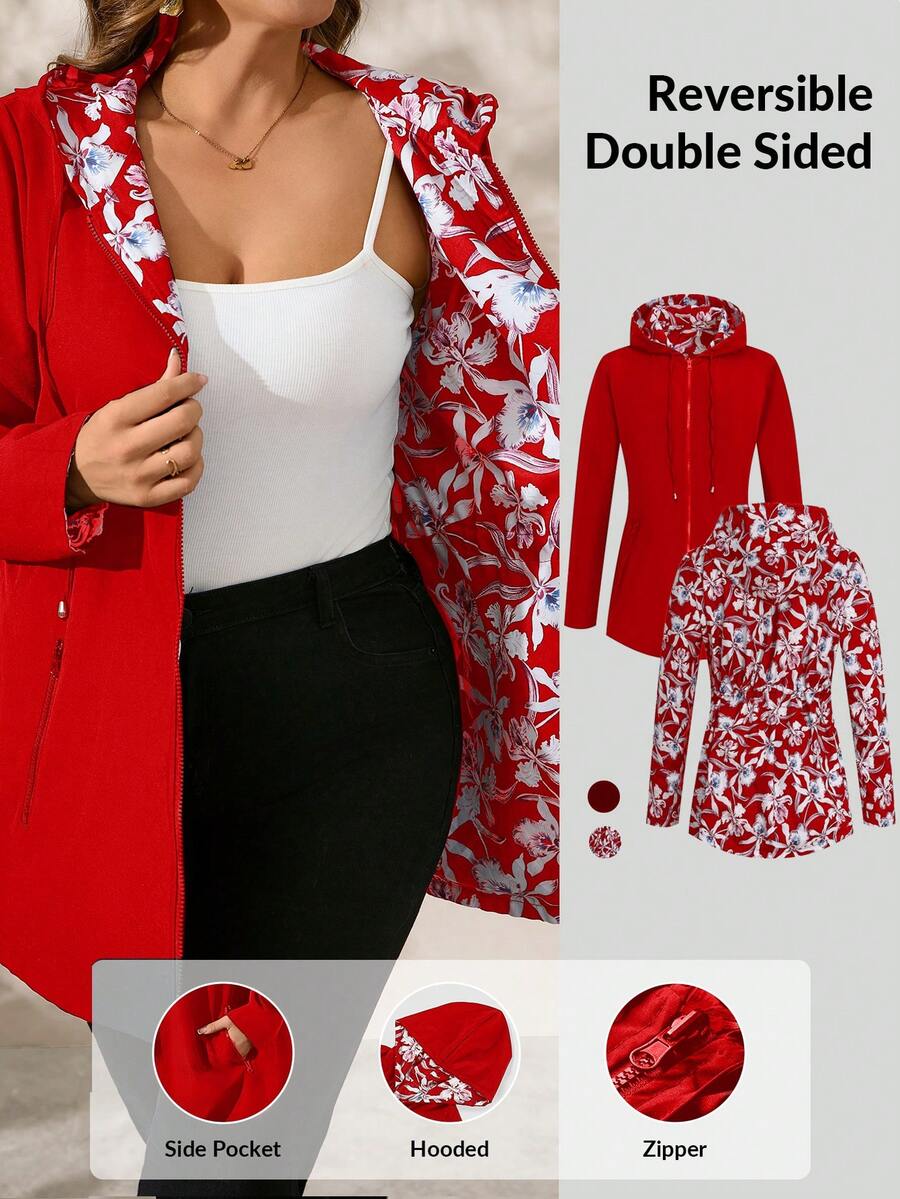 SHEIN Clasi 大码女式秋季双面花卉印花长袖连帽夹克 - 酒紅色 - 查看 1