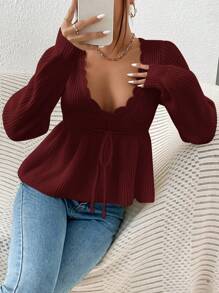 SHEIN Clasi Plus Size Lantern Sleeve Wave Collar Cinched Waist Pullover Sweater - Burgundy - View 3
