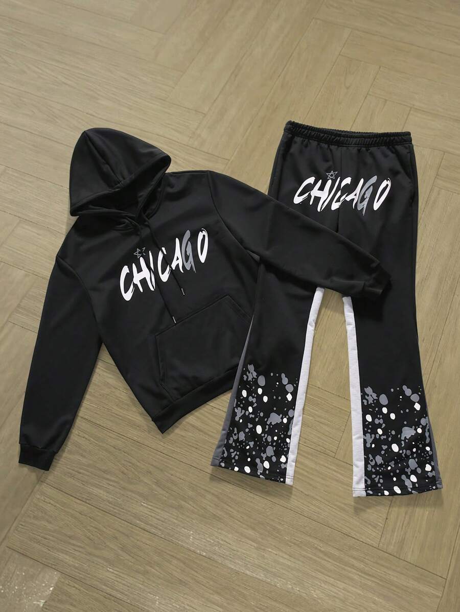 Manfinity Roghcode Men's Letter Print Casual Hooded Sweatshirt And Pants 2Pcs Set - Black - View 1