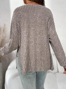 SHEIN 孕妇休闲百搭纯色罗纹蝙蝠袖宽松 T 恤，侧开衩下摆，春/秋 - 棕色 - 查看 2