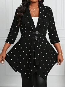 SHEIN Lady Plus Size Black Polka Dots Cardigan With Mid-Length Sleeves & Metal Buckle, Asymmetric Hem Women's Coat Fall Women Outfits Fall Outfits Going Out Outfits Winter Fall Women Clothes Winter Clothes For Women