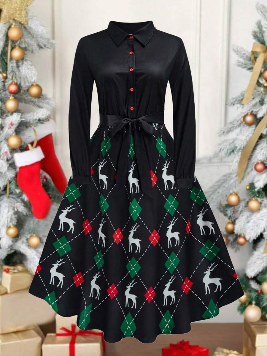 SHEIN LUNE 1pc Women Christmas Elegant Woven Shirt Dress Fall Cloth For Women